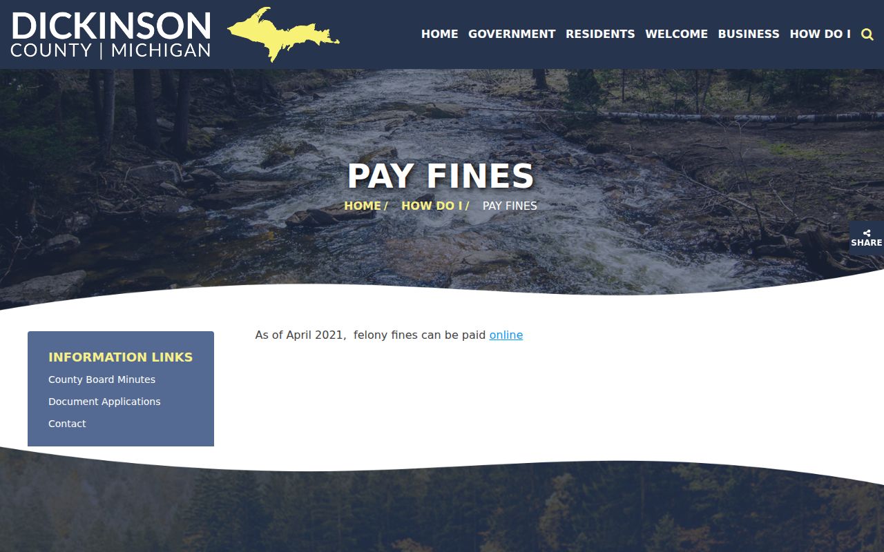Dickinson County warrant records: county felony fine payment page screenshot