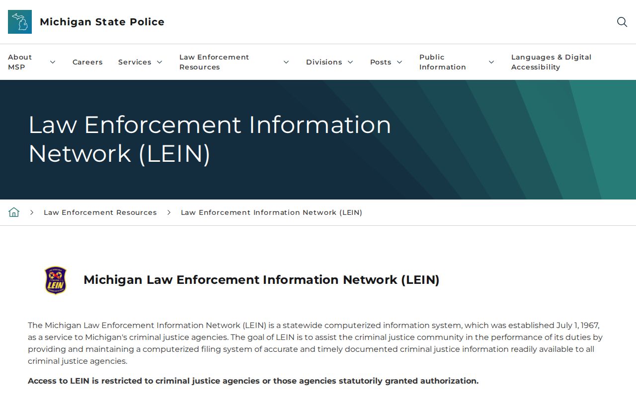 Dickinson County warrant records: LEIN access restriction statement for the state system