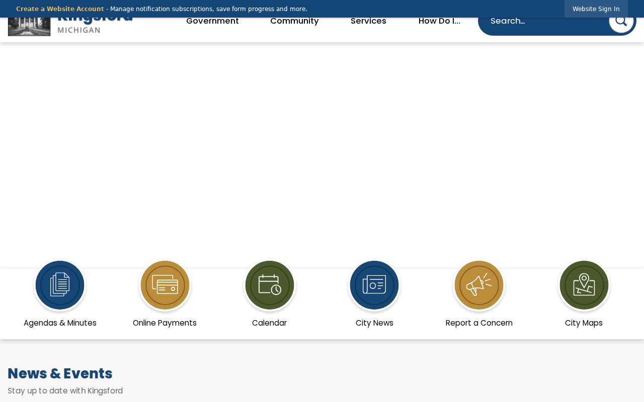Dickinson County warrant records: Kingsford city hall page with city hours and contact