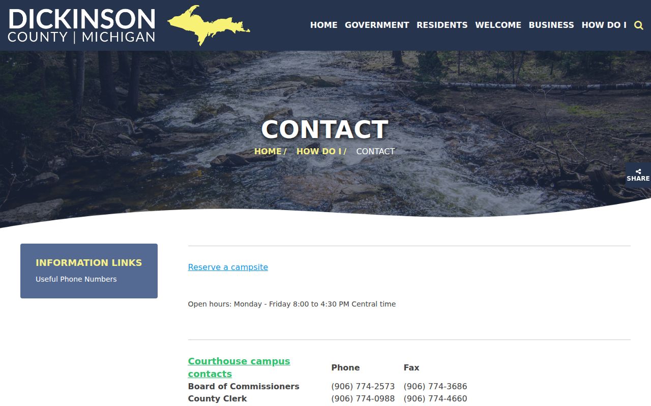Dickinson County warrant records: courthouse contact grid for clerk, courts, sheriff, and jail