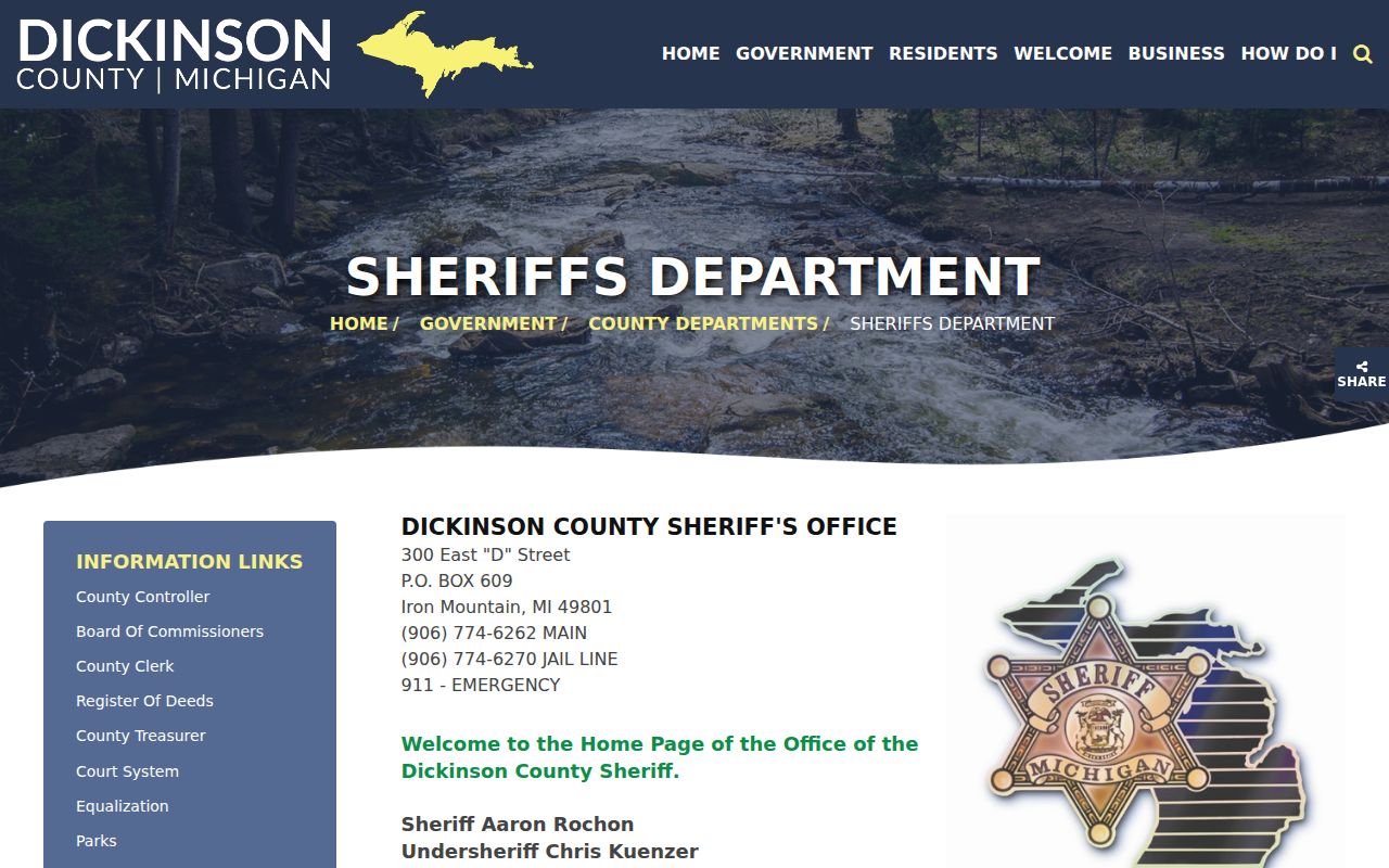 Dickinson County warrant records: sheriff's department contacts and department functions