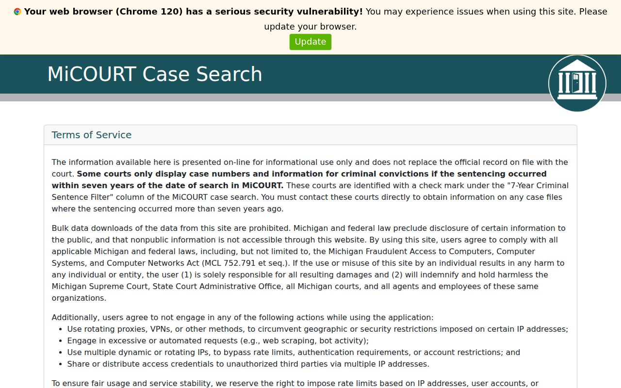 Dickinson County warrant records: MiCOURT public case search name and case number panels